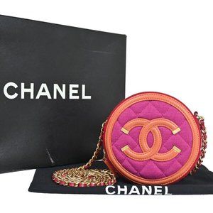 CHANEL CC Round Mini Chain Shoulder Bag Canvas Leather Red Magenta